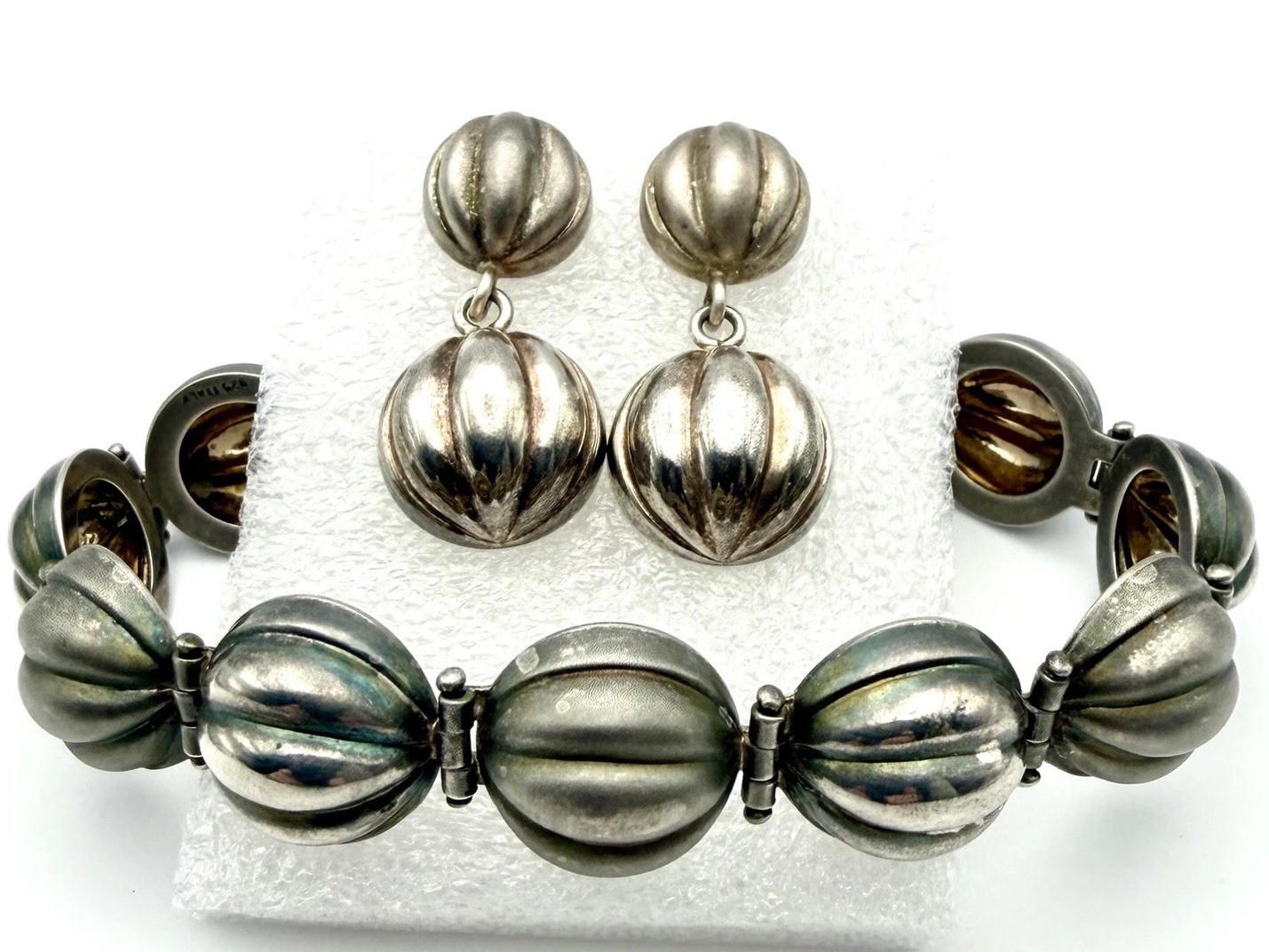 Vintage Italy 925 Sterling Silver Orb Bracelet Earrings Set Ribbed Modernist 30g