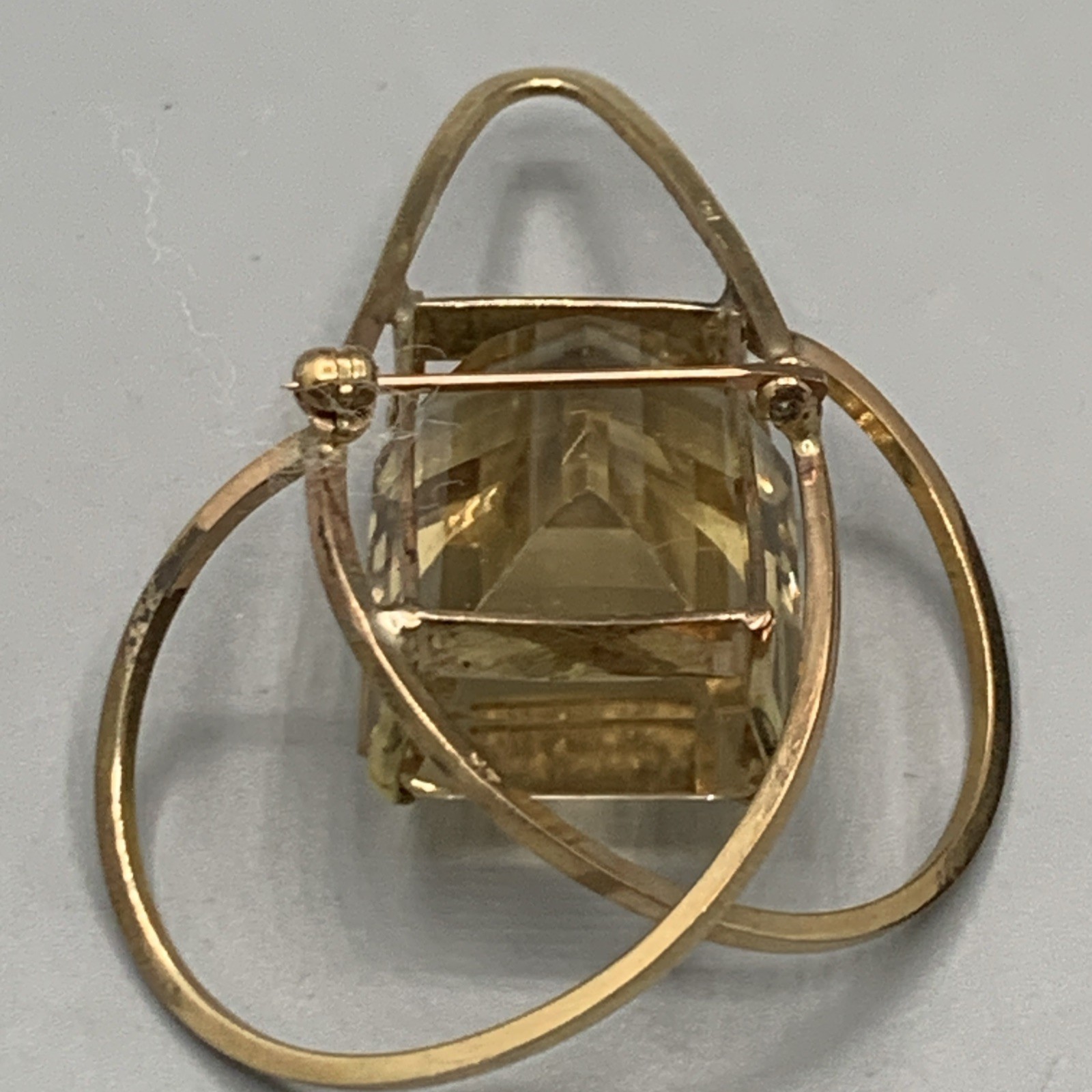 Vtg Handcrafted JM 14k And Emerald Cut Citrine Pendant/Pin. 2”H, 1.5”W, 15g