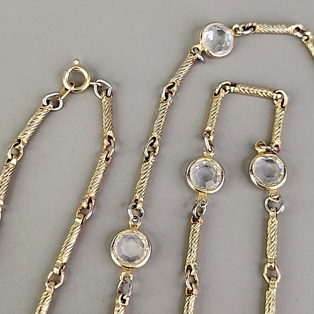 Vintage Open Bezel Necklace Clear Glass Bar Link Gold Tone Spiral 36″