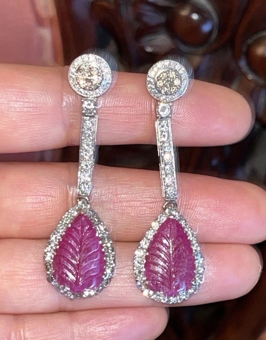 Large 14K Solid Gold Authentic Natural Ruby Diamond Leaf Earrings AGI Certified!