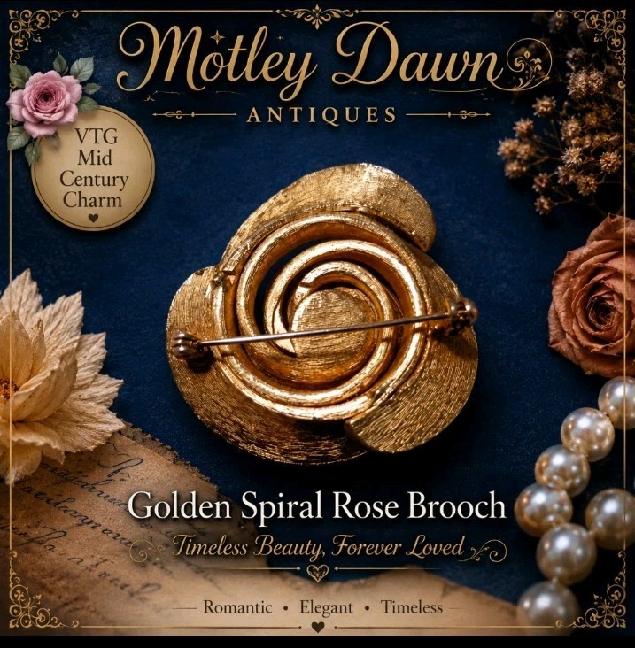 Vintage 60s Golden Pinwheel Rose Spiral w/ Faux Round Pearl Center
