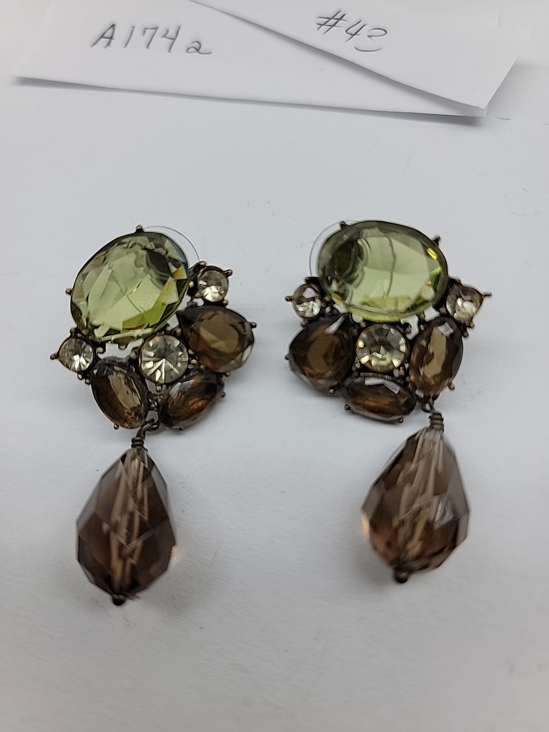Green Brown Vintage Gem Stud With Bead Dangle Olive Green Golden Brown Unbranded