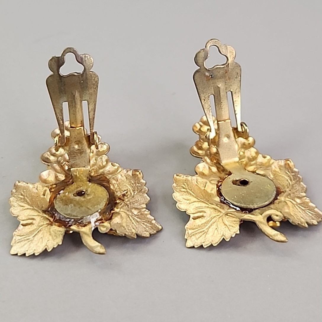 Vintage Artisan Pendant Clip Earrings Set Seed Pearl Grapes AB Repurposed