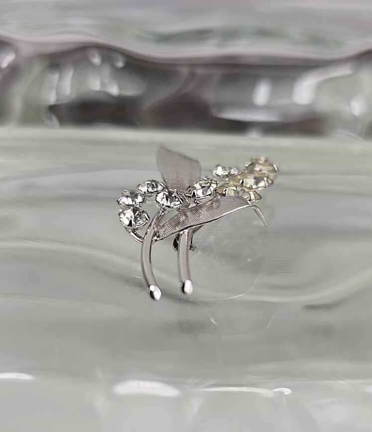 Vintage 925 Sterling Silver Clear Rhinestone Flowers Plant Brooch Pin #1