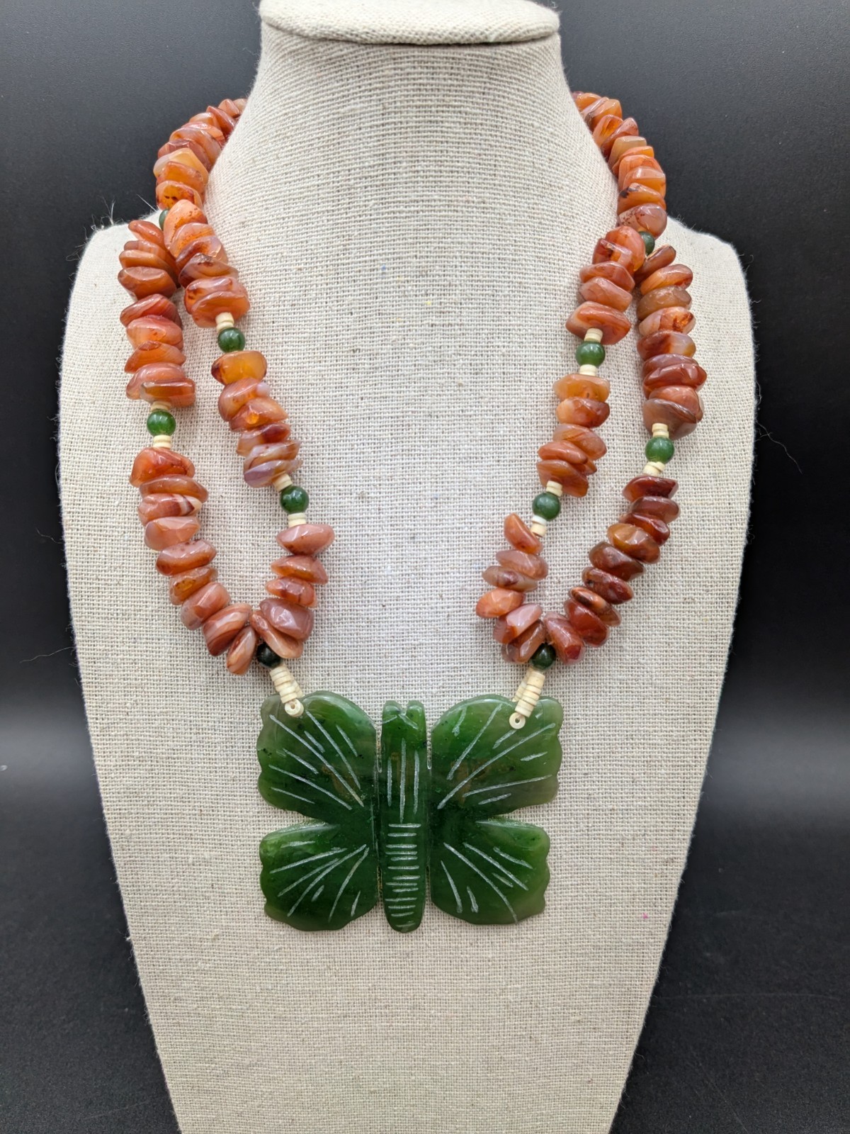 Vintage Jade and Carnelian Butterfly Pendant Statement Necklace