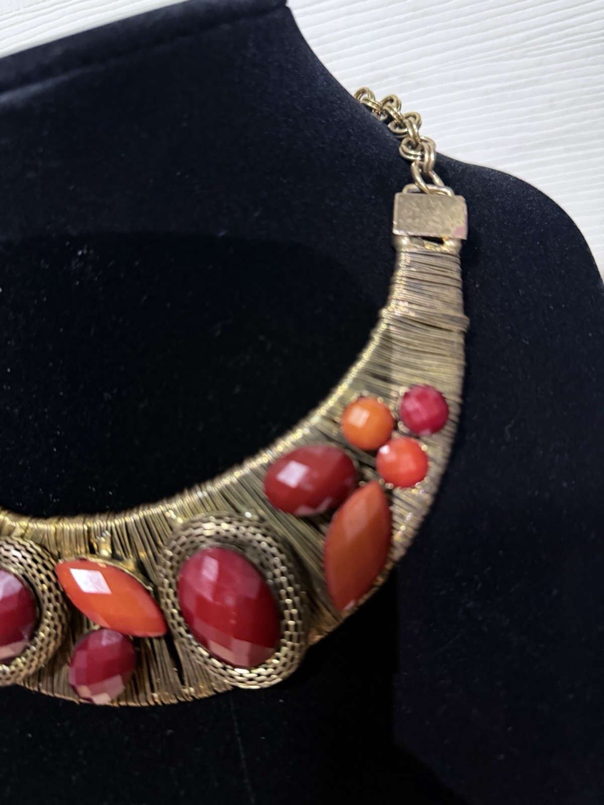 Vintage Red & Orange Statement Necklace Gold Tone Bib Collar
