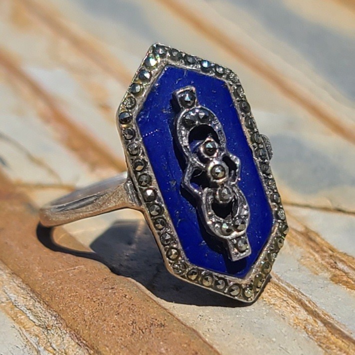 Fancy Antique VTG Art Deco Sterling Silver Lapis Lazuli Marcasite Ring Size 8