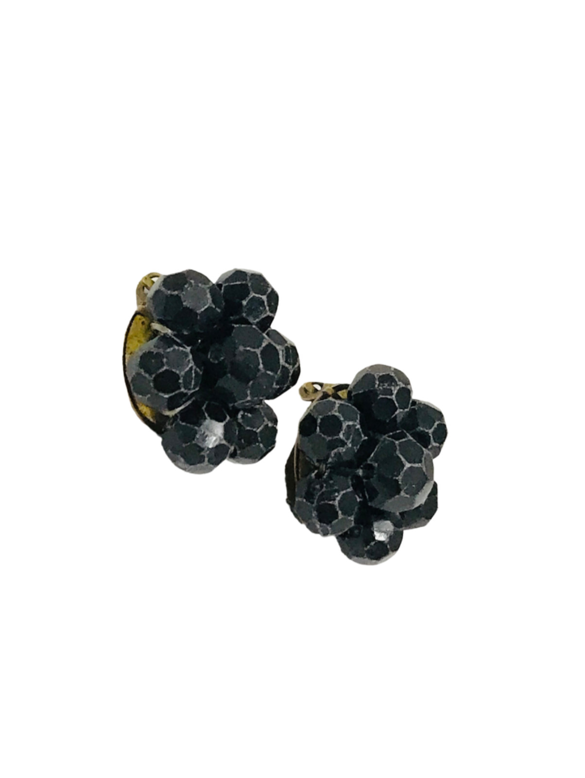 Vintage Hong Kong Japan Black Lucite Bead Cluster Clip On Earrings Black White