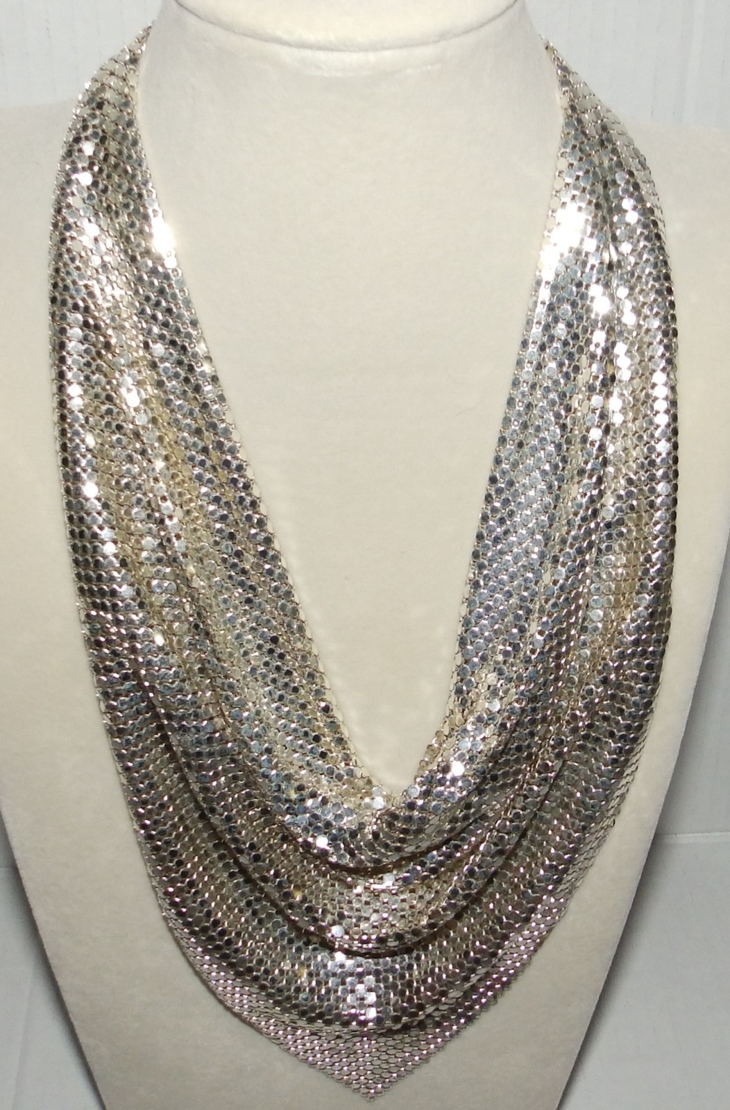 Vintage Whiting & Davis Silver Mesh Drape Bib Chain Scarf Necklace