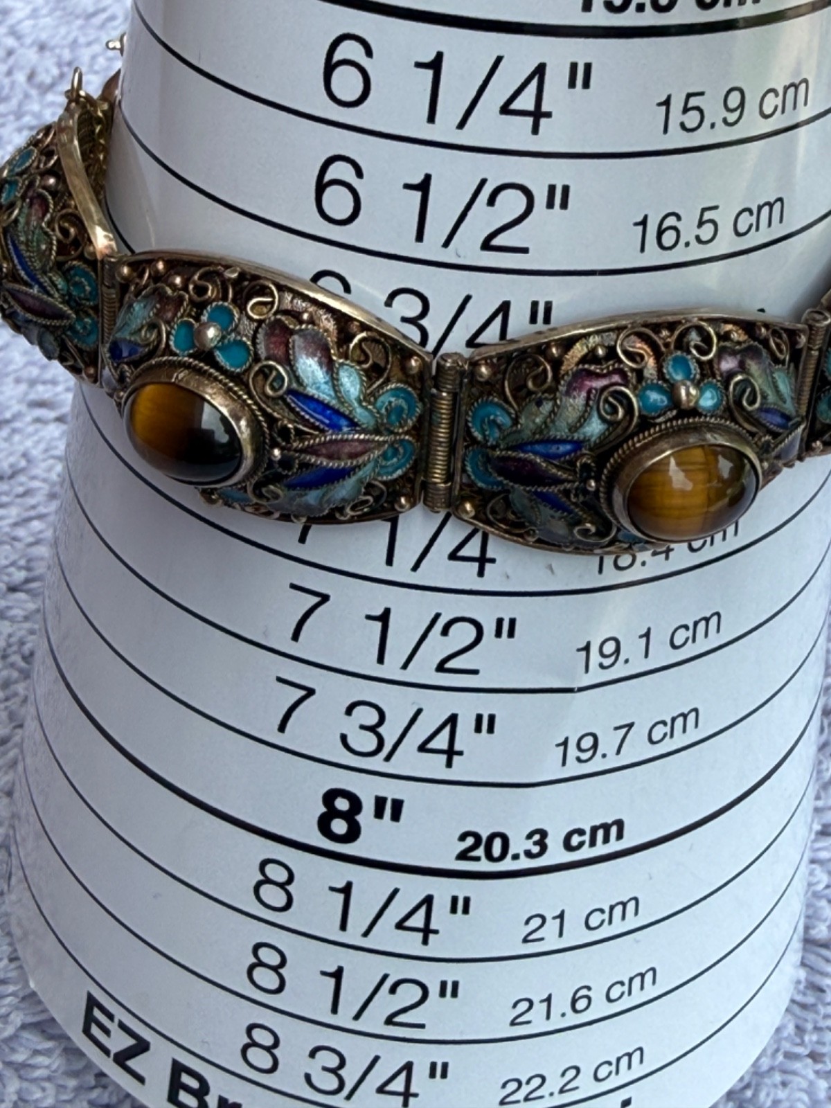 Chinese Export Silver Gilt Filigr Bracelet with Enamel and Tiger’s Eye Cabochons