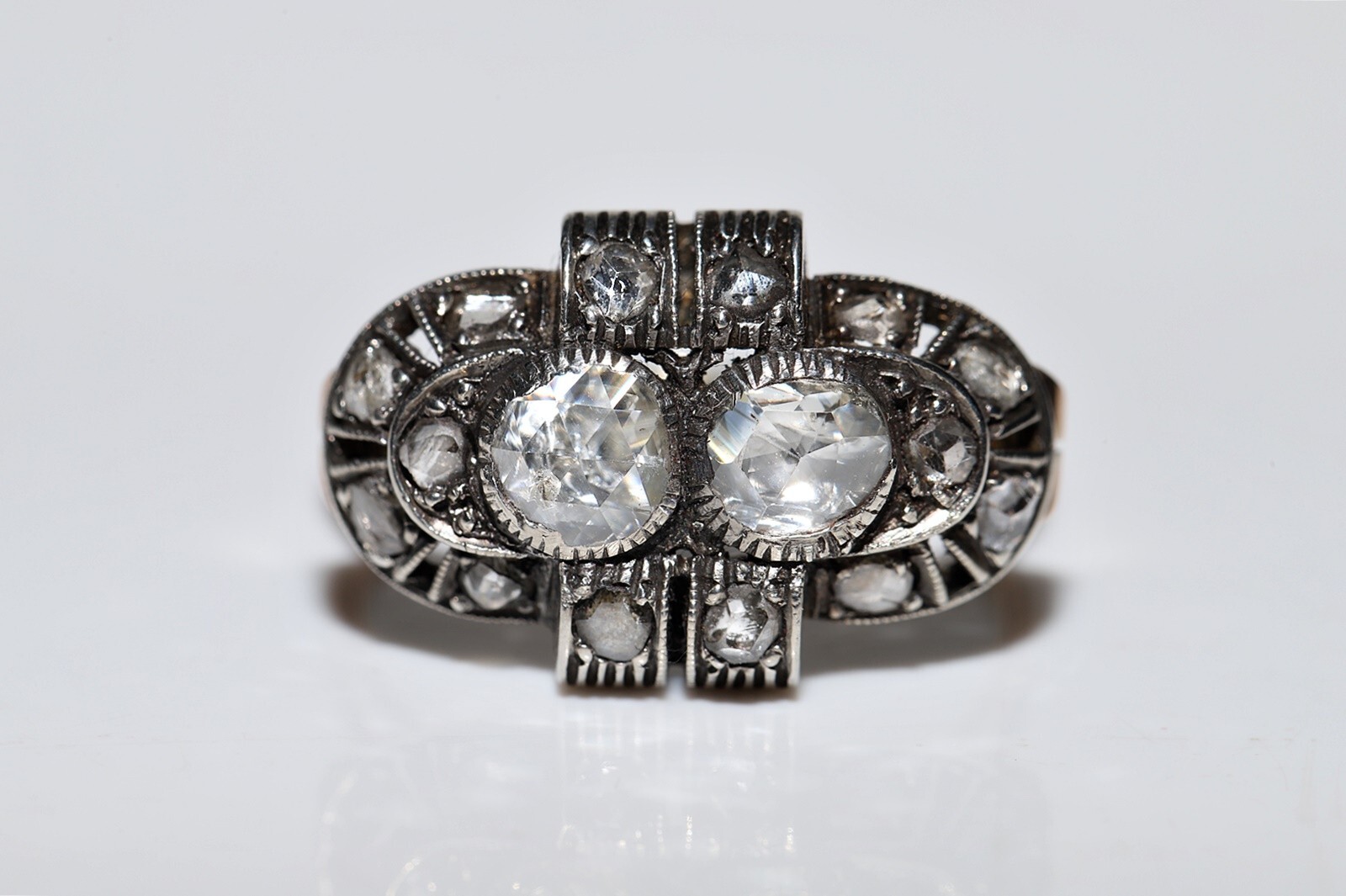 Antique Circa 1900s 14k Gold Top Silver Natural Rose Cut Diamond Decorated Ring