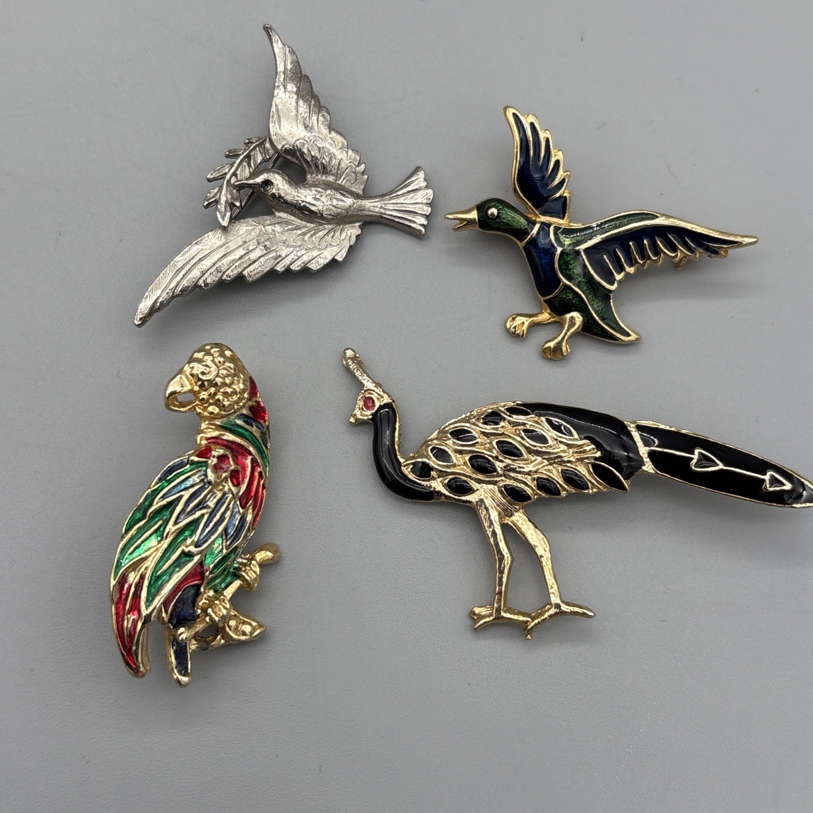 Vintage Brooches Lot of 4 Birds Dove Parrot Peacock Animals Italy READ