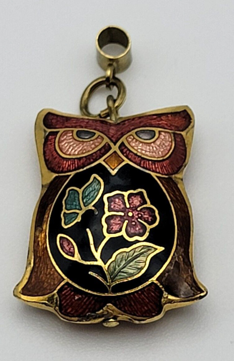 Vintage Yellow Gold Plated Multicolor Cloisonne OWL Pendant 1 In Reversible