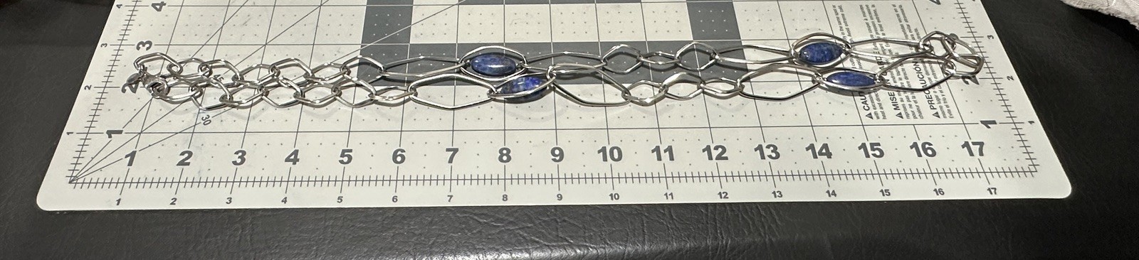 Simona Collini Stainless Steel Silver Tone Oval Link Necklace Blue Stones 34”