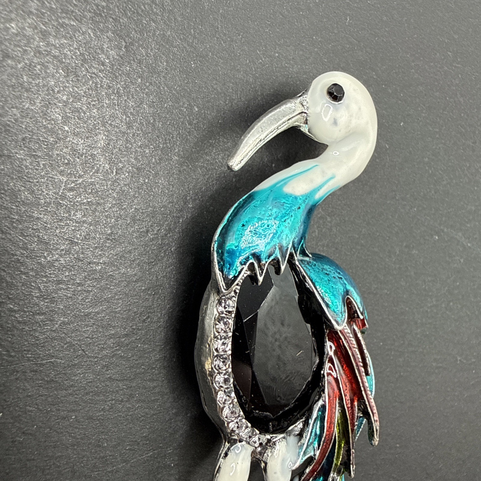 HUGE Heron Bird Brooch Pin Black Rhinestone Colorful Enamel J26