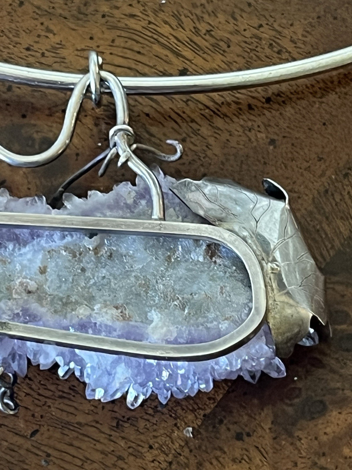 Vtg Arthur King Era MCM Brutalist Sterling Amethyst Druzy Statement Necklace