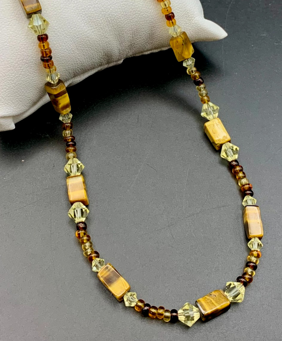 Hand Crafted Necklace Tiger’s Eye Gemstone and Crystal Beads 15″