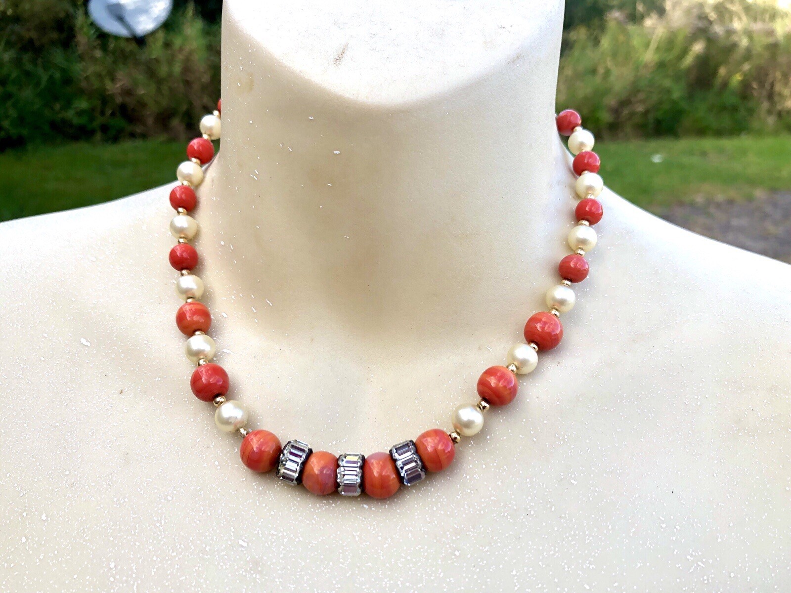 Estate 14K Gold Bead, Coral Glass, And Glass Pearl Beaded Necklace