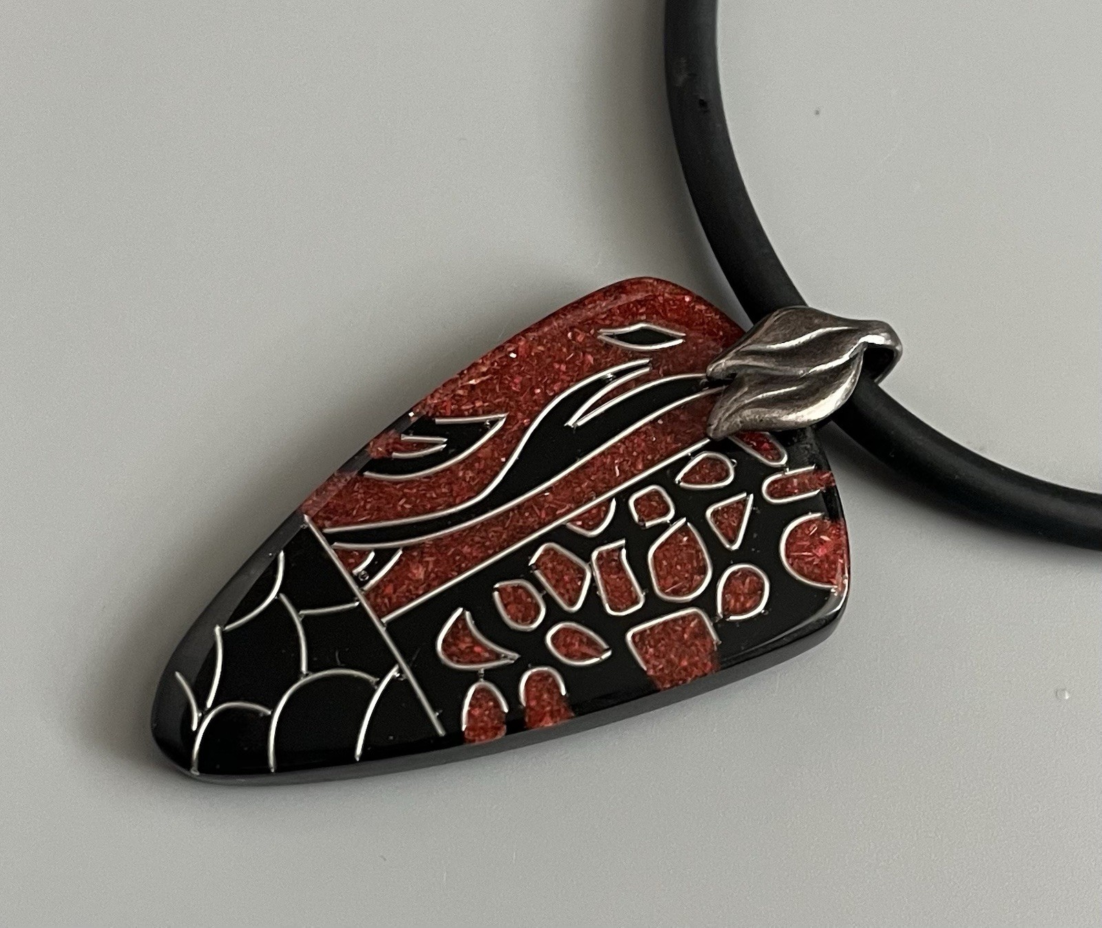 VTG Black Lacquer Abstract Pendant Sterling Clasp-Black Cord-Necklace 16.5”