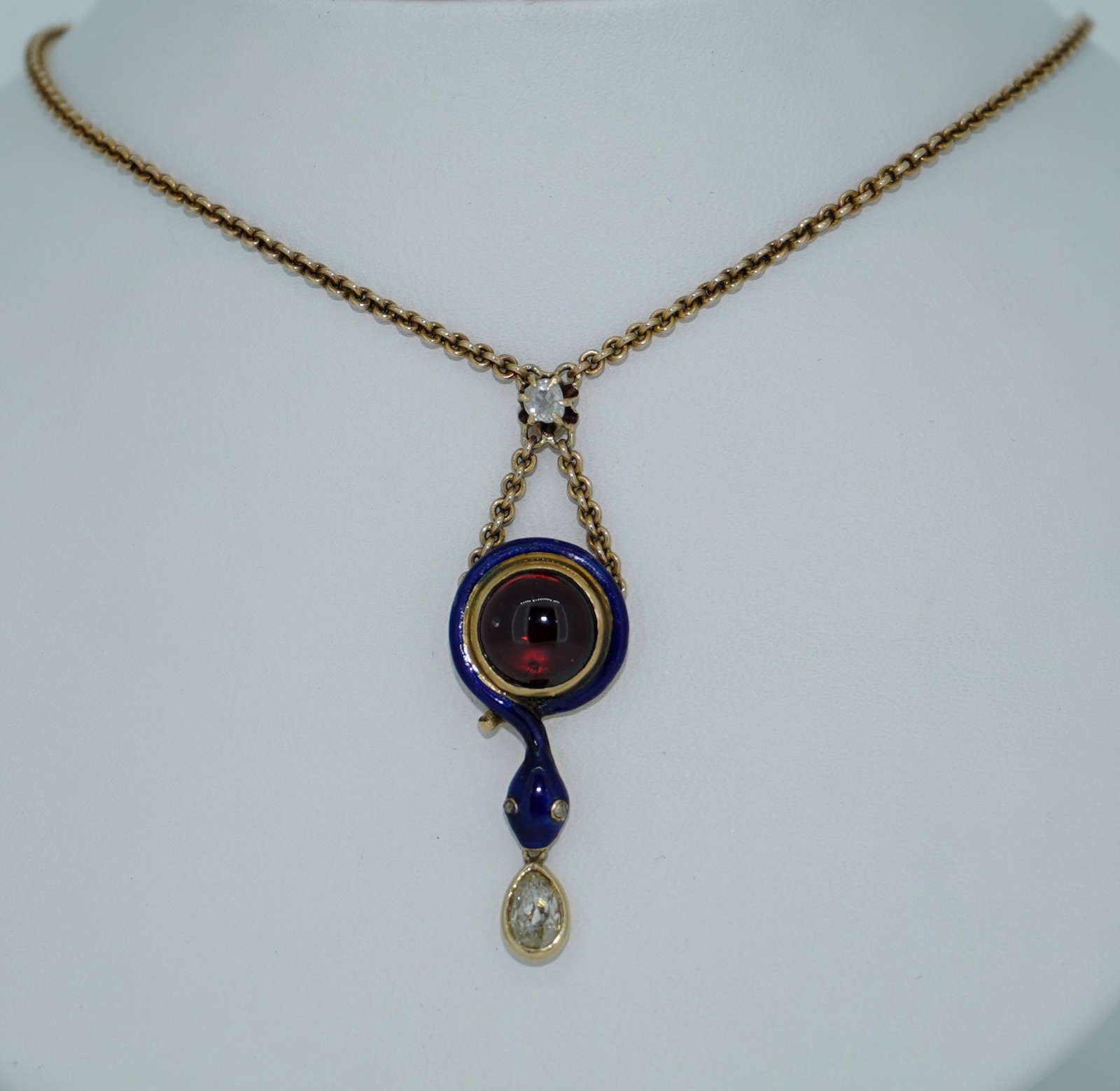 Antique 14K Enamel Snake With Diamonds & Garnet Necklace
