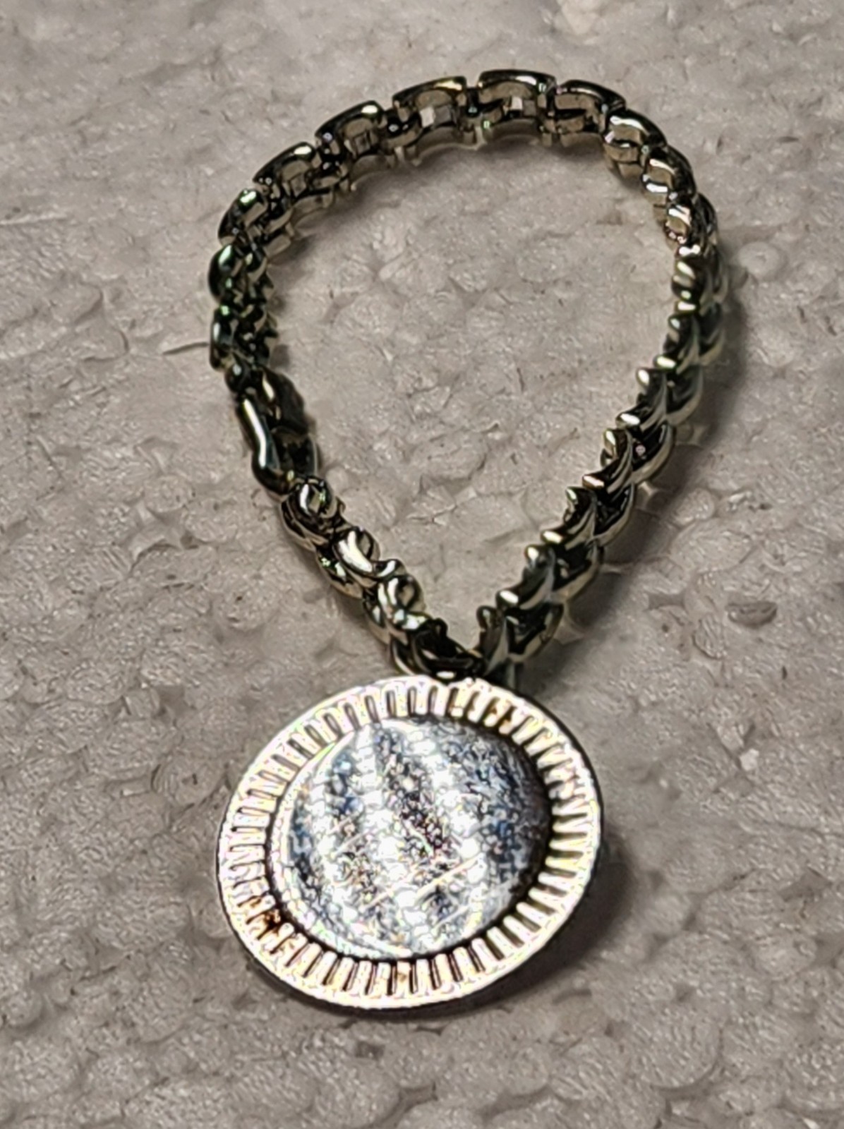 Signed Coro Silvertone Chain Link Bracelet With Large Round Charm