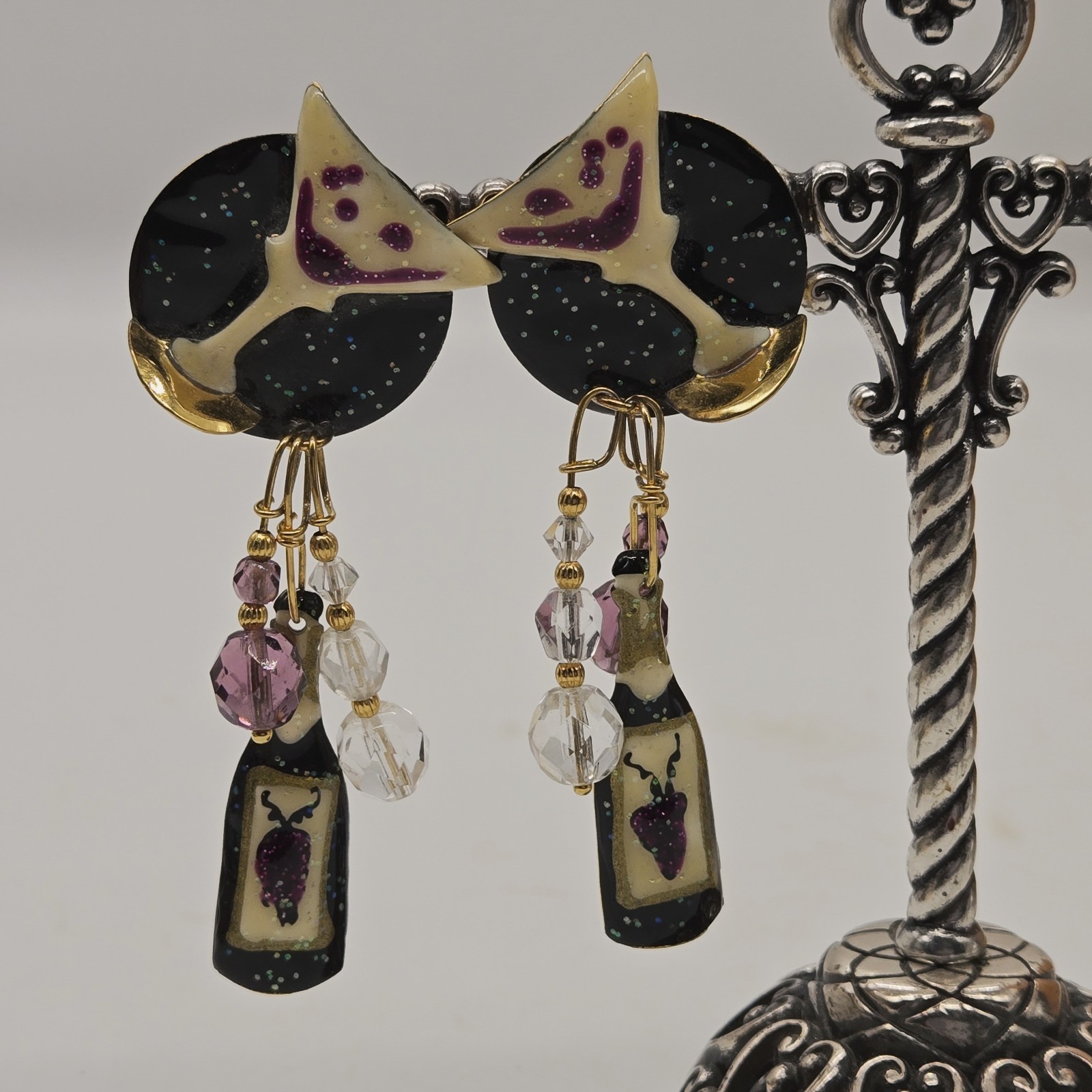 Lunch at The Ritz Champagne Brunch Pierced Earrings Hand Signed Rare Vintage