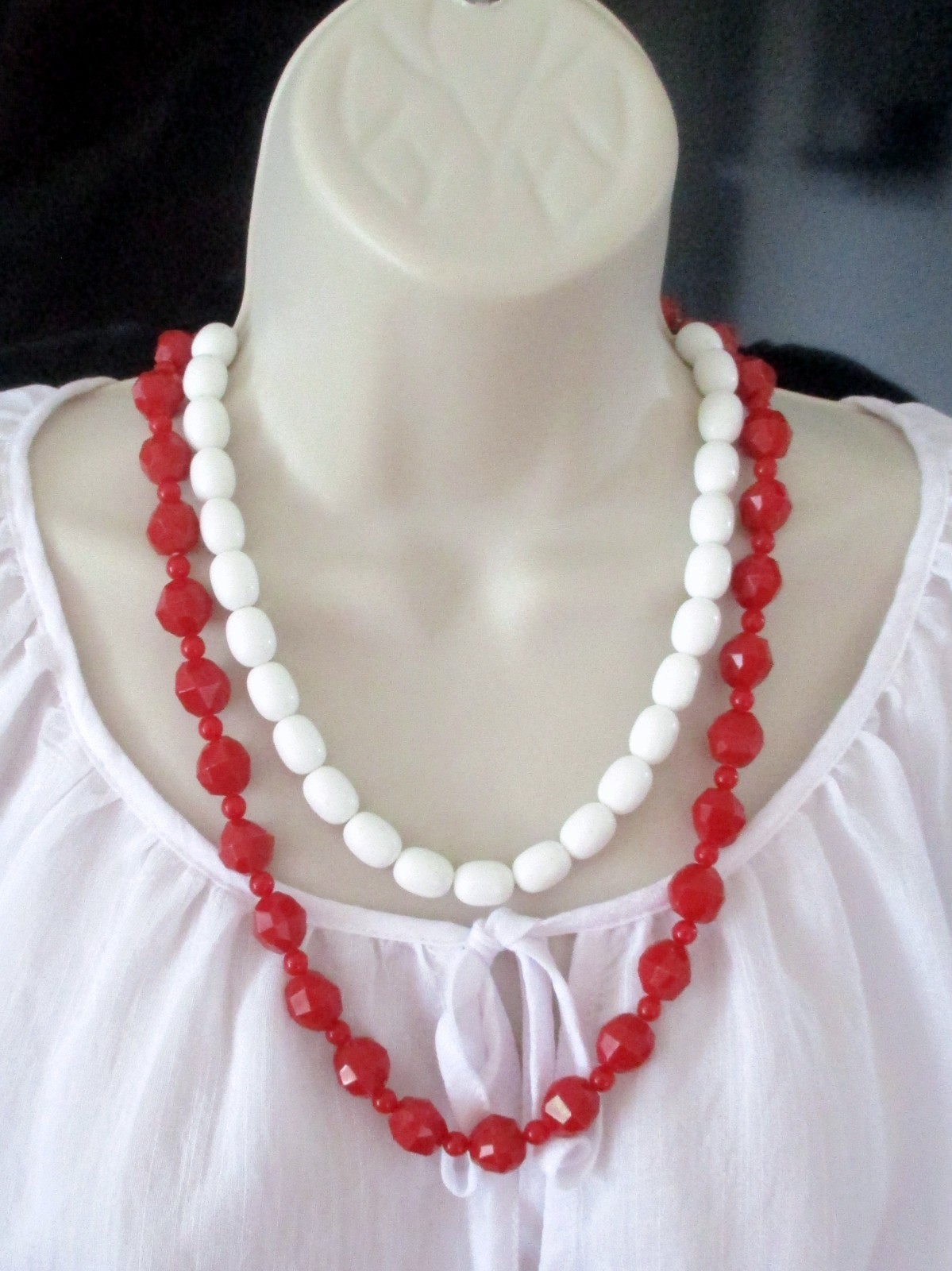 Vintage Lot of 2 Czech Faceted Red Necklace 24″ & White Oval Beads Necklace 19″