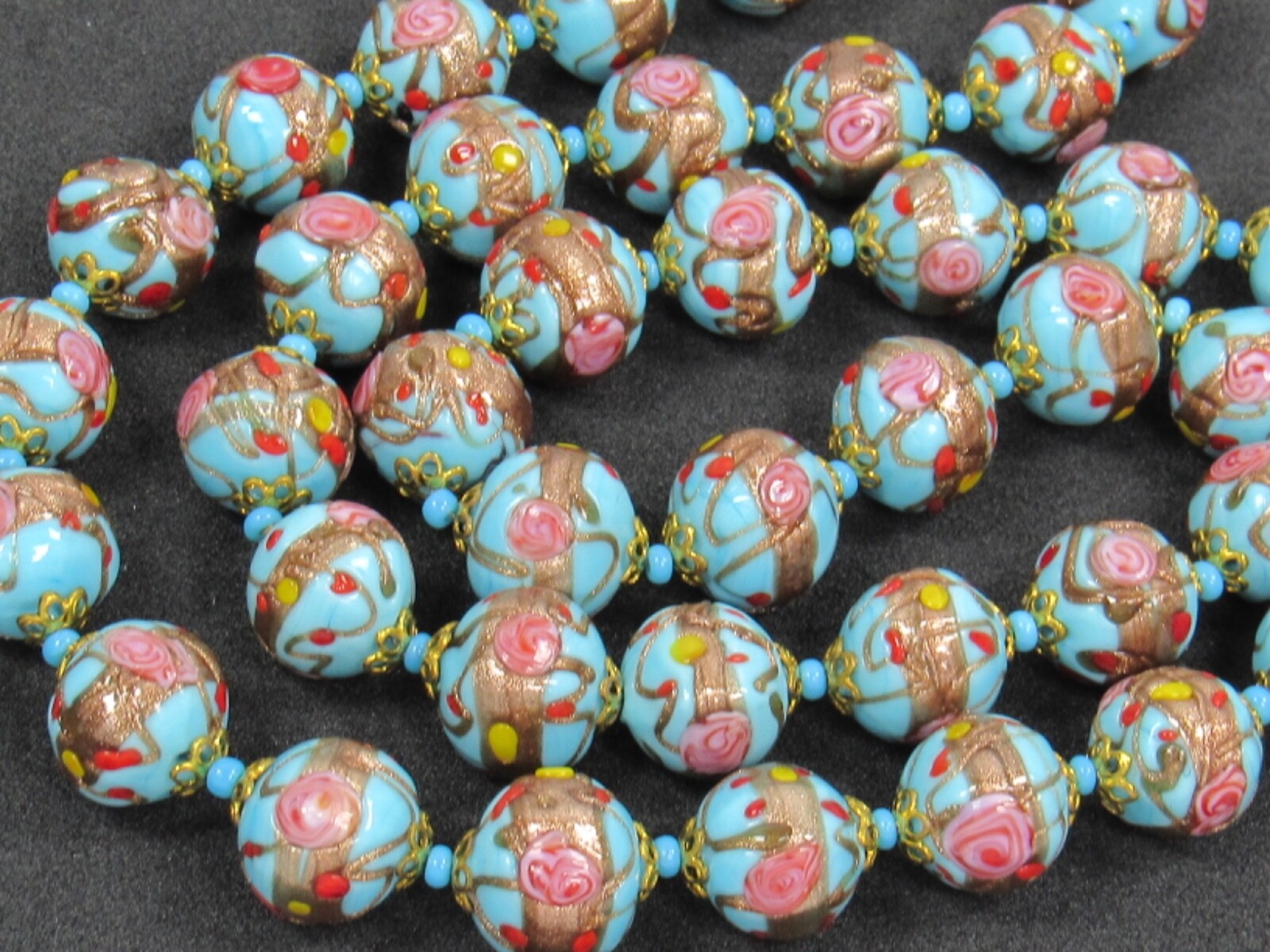 Italy WEDDING CAKE Gold Pink Red Blue Bead Strand NECKLACE Pierced EARRINGS SET