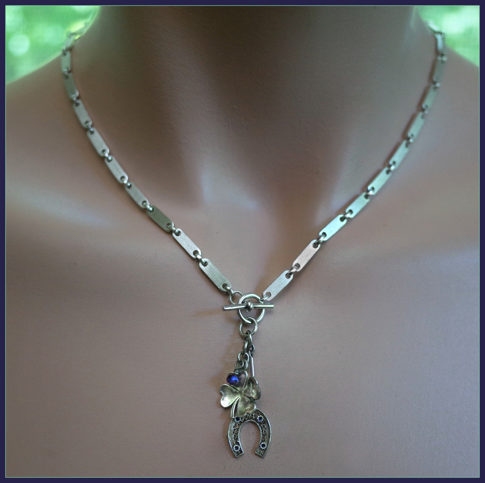 Vintage Sterling Silver Enamel Filigree Horseshoe & Four Leaf Clover Lucky Neckl
