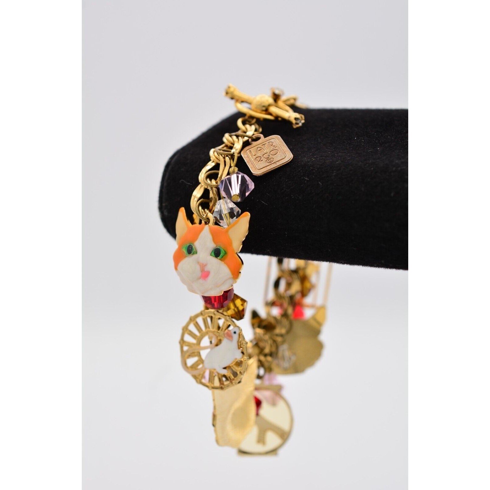 Lunch at The Ritz Vintage Cat Charm Bracelet Bird Fish Crystal Signed 1990s Bin6