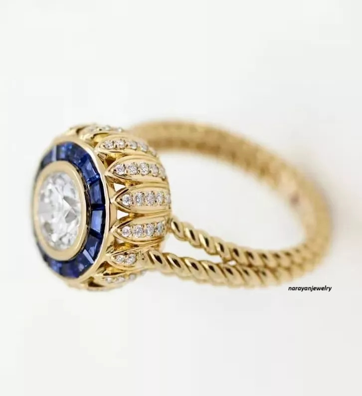Art Deco Style Round Lab Created Diamond With Sapphire Halo 14K Gold Ring
