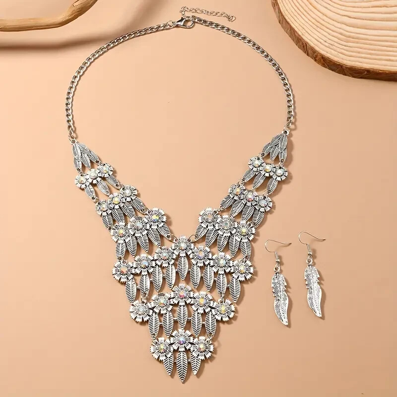 Silver Tone Leaf Crystals Accent Dangle Necklace Earrings Set