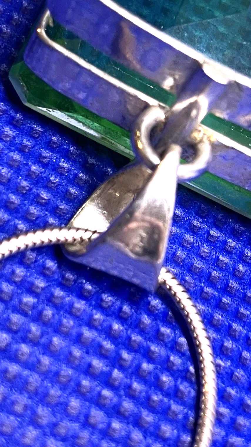 Large Square Faceted Green RS Necklace n Italy 925 Sterling Silver Chain/Setting