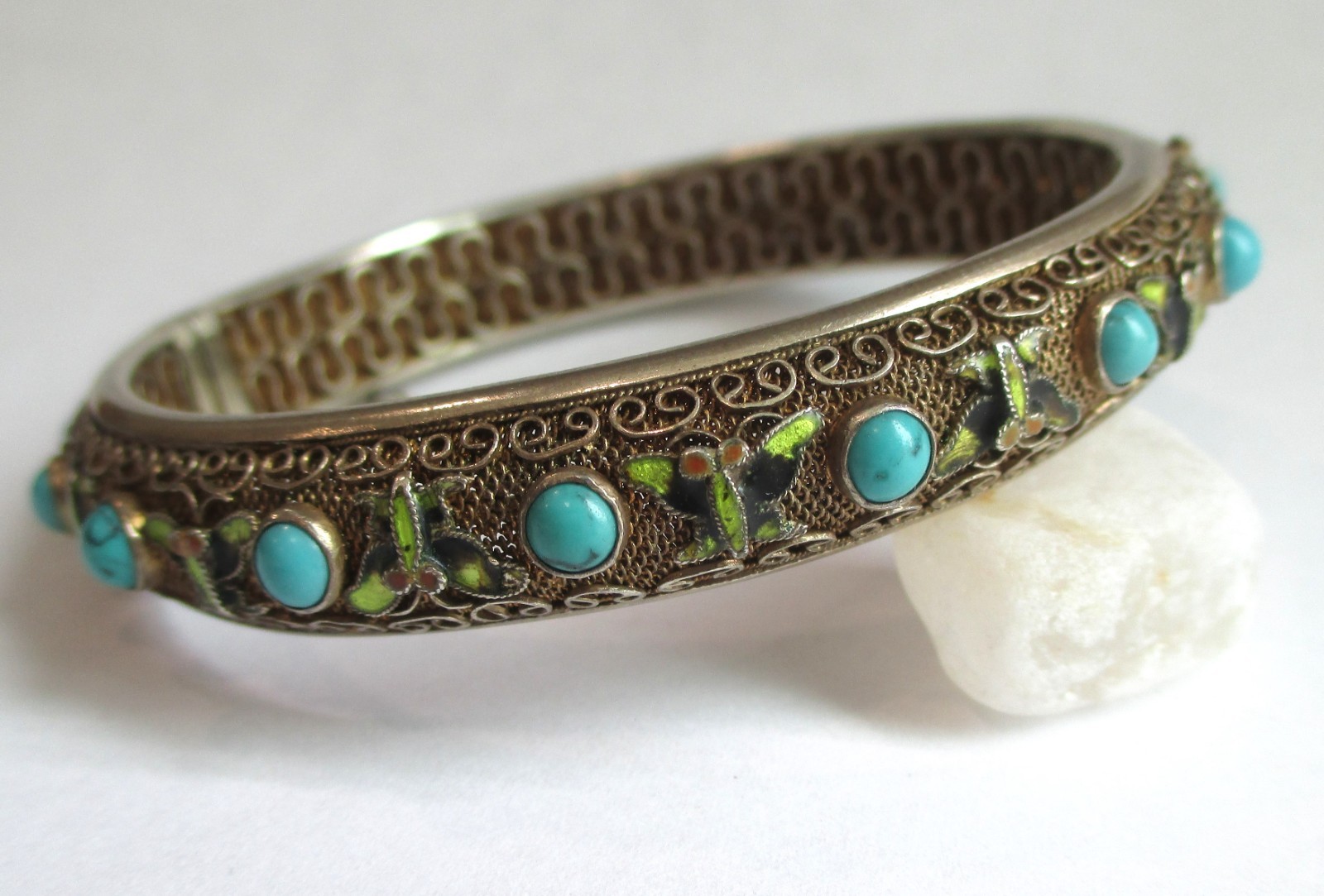 VINTAGE CHINESE STERLING SILVER ENAMEL TURQUOISE HINGED BANGLE BRACLET EXPORT