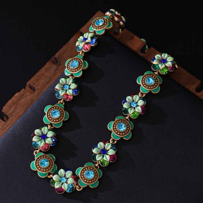 Vintage European Floral Link Necklace Rhinestone Gold Victorian Jewelry Gift