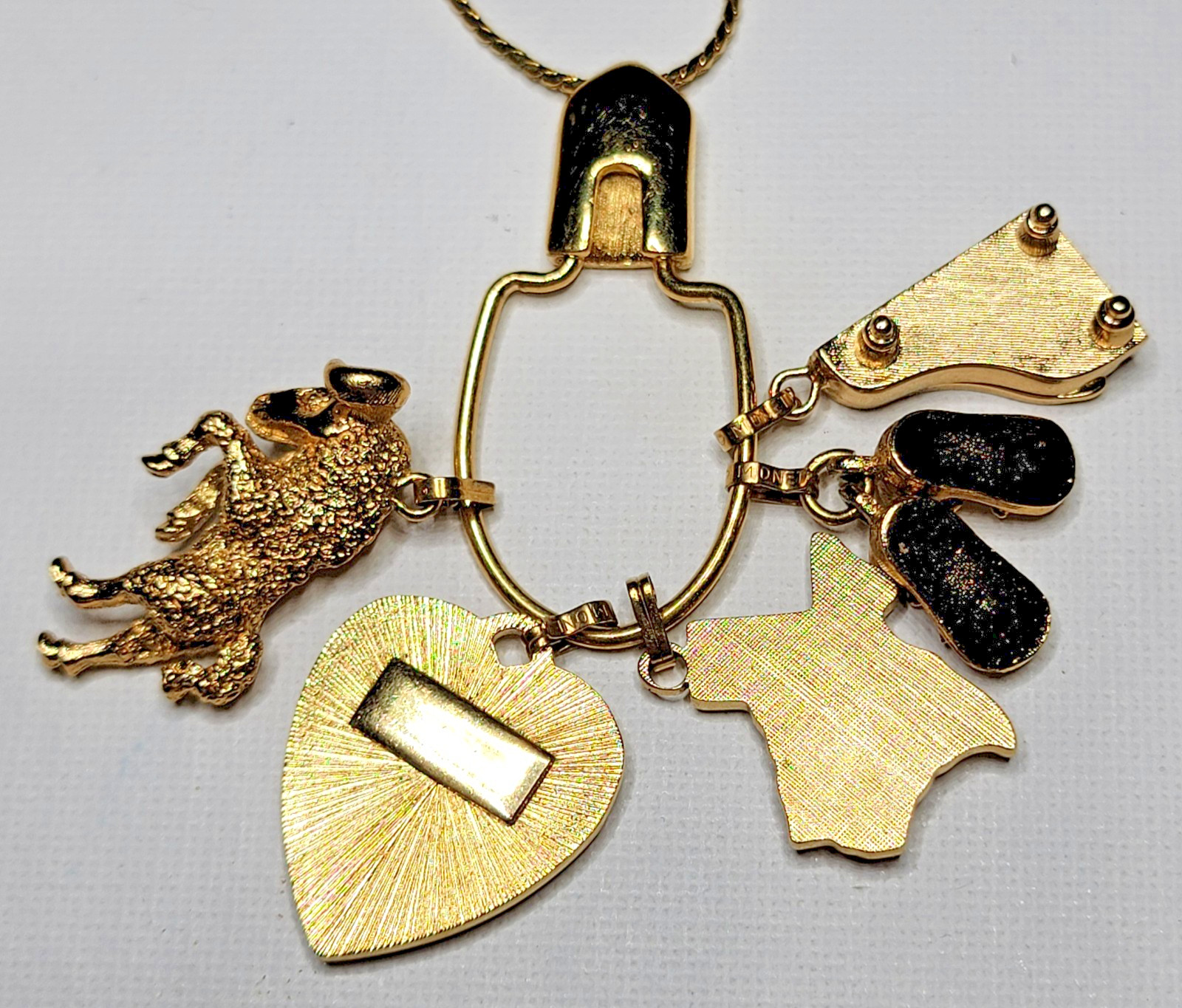 VTG 1970s MONET Gold-Tone CHARM Holder Necklace Texas Ram Piano Birthday Shoes
