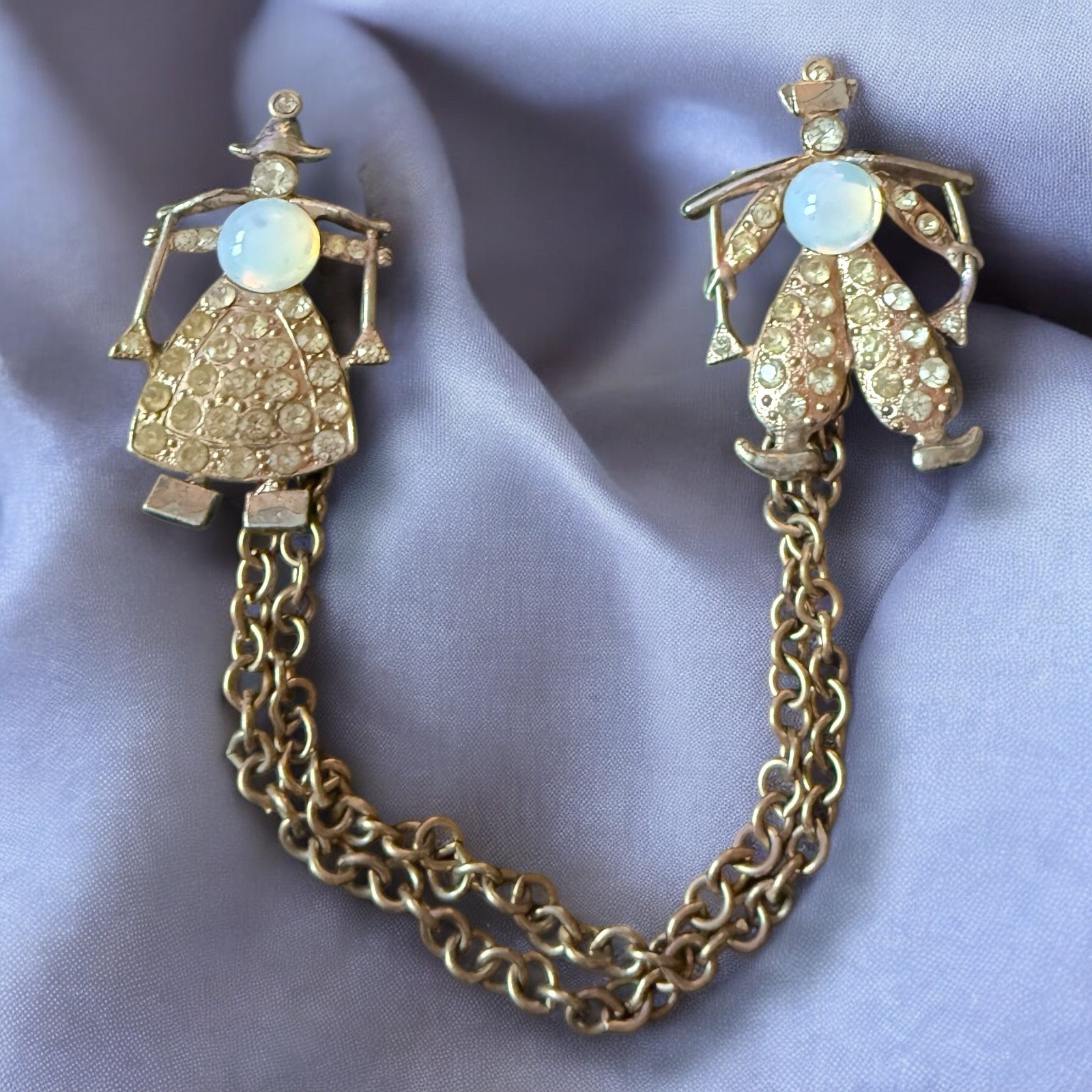 Opaline Glass Chatelaine Brooch Pot Metal Dutch Boy Girl Vintage 1940s