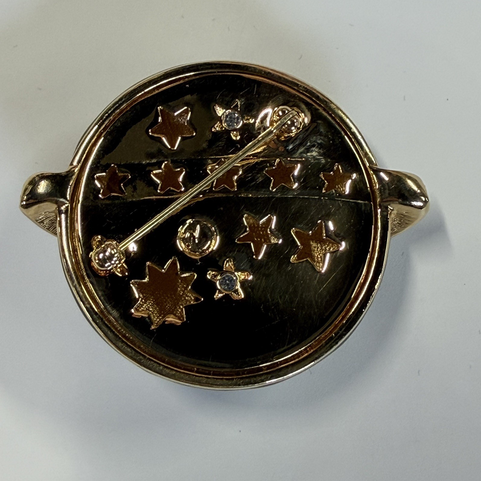 Swarovski Celestial Moon & Stars Blue Enamel, Signed Crystal Dome Brooch Pin.
