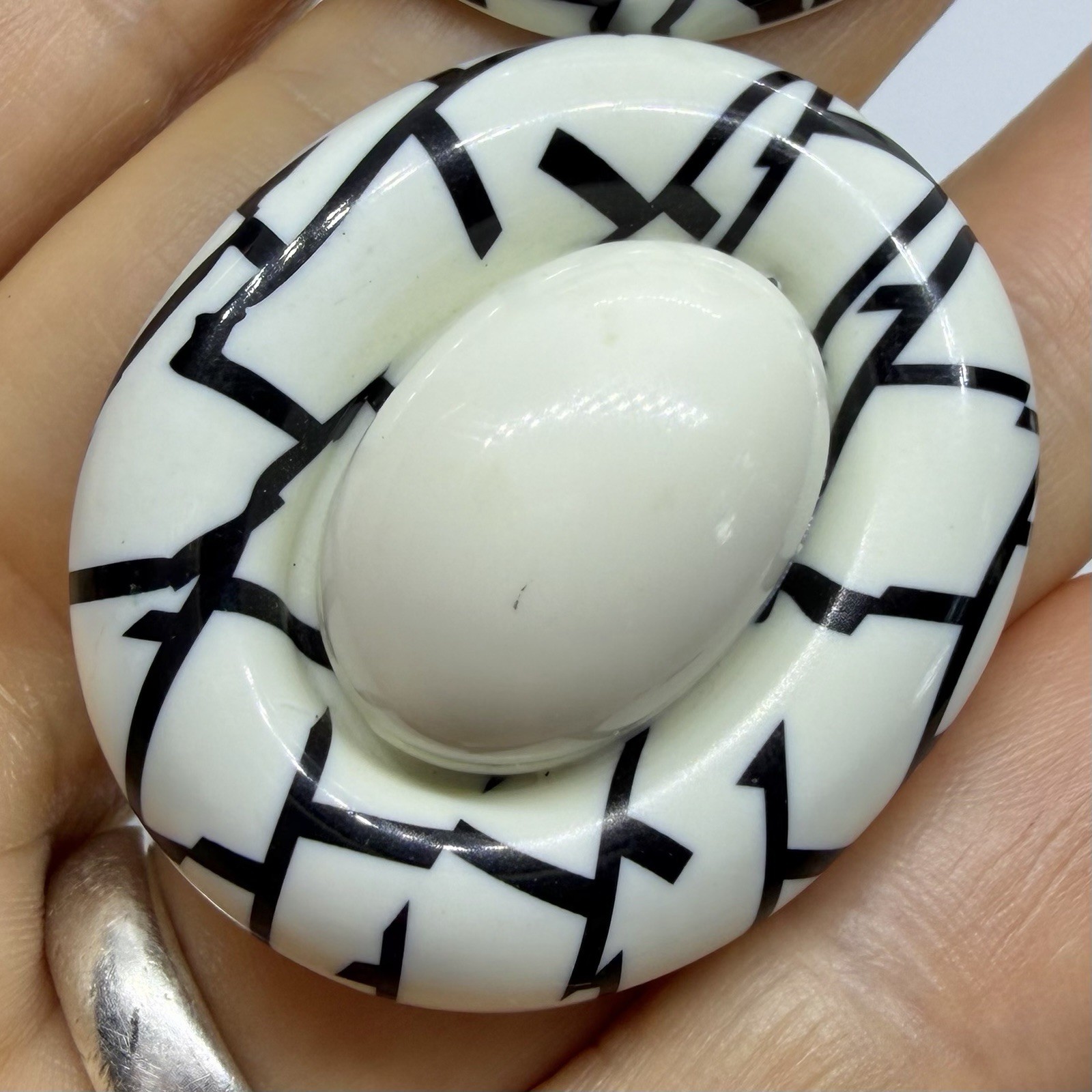 Vtg 80’s Black White Lucite Cabochon Geometric Statement Earrings Post Large Big