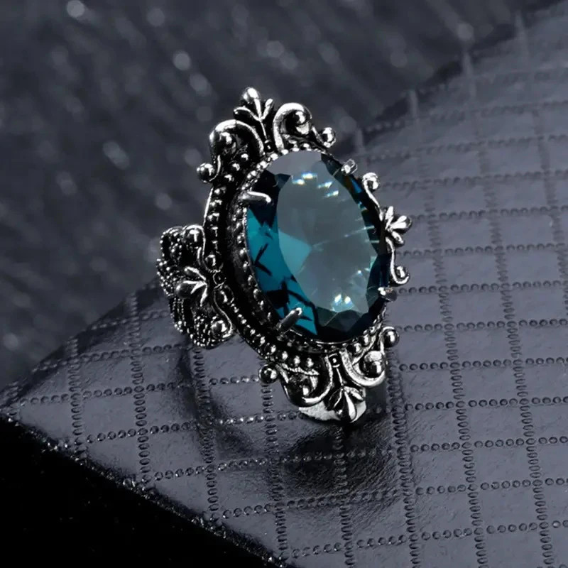 Carved Pattern Vintage Women Rings with Oval Blue CZ Stone Retro.