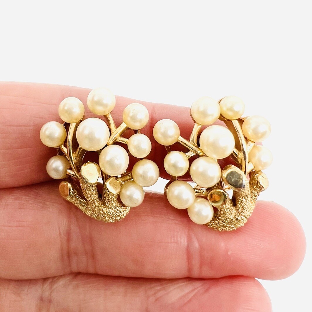 TRIFARI Branch Twig Faux Pearl Textured Earrings Signed Vintage Jewelry
