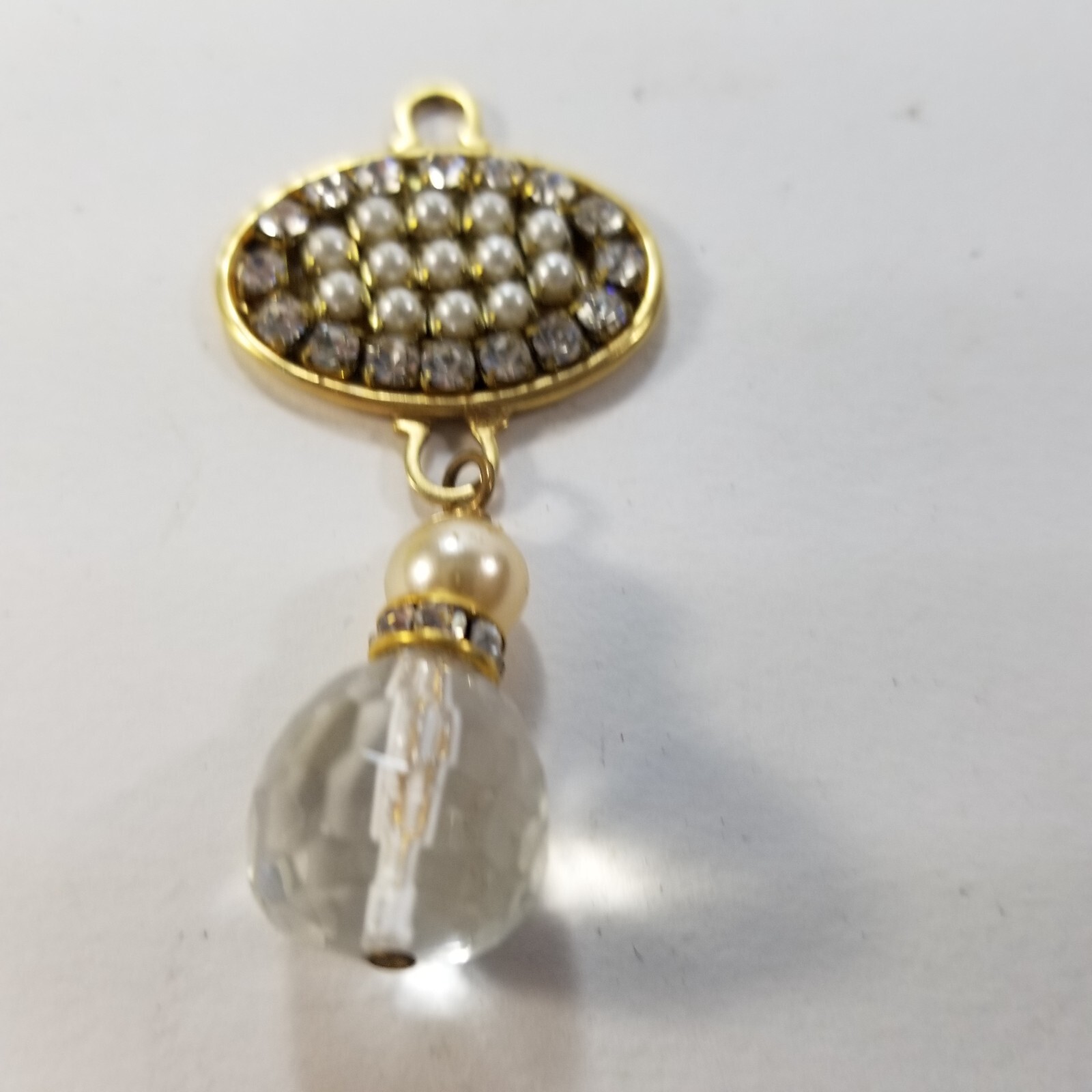 Vintage Prong Set Rhinestone Dangle Faux Pearl Pendant Gold Tone Crystal