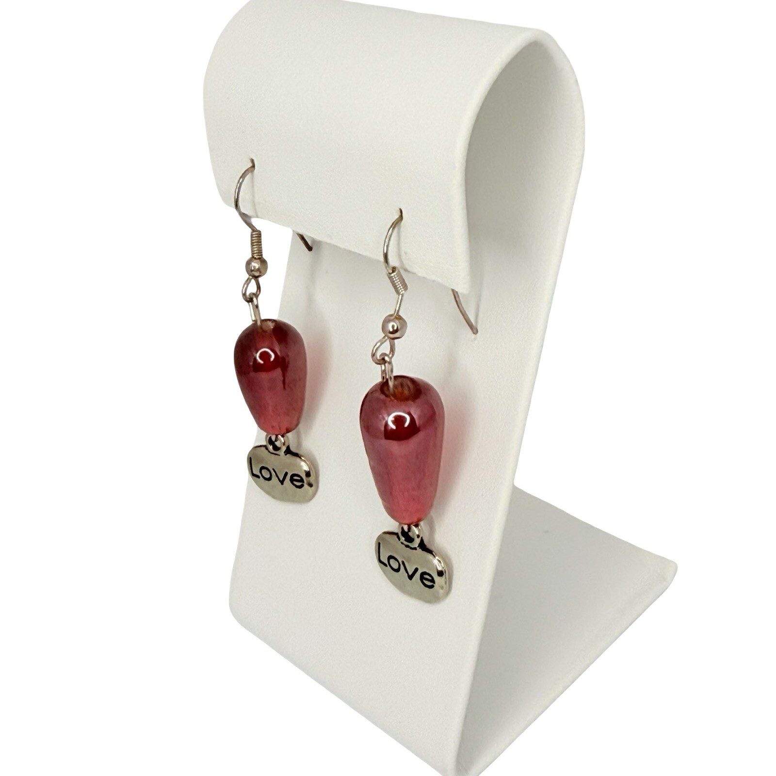 Red Earrings Art Glass Dangle 2” Beaded Love Charm Valentines Day