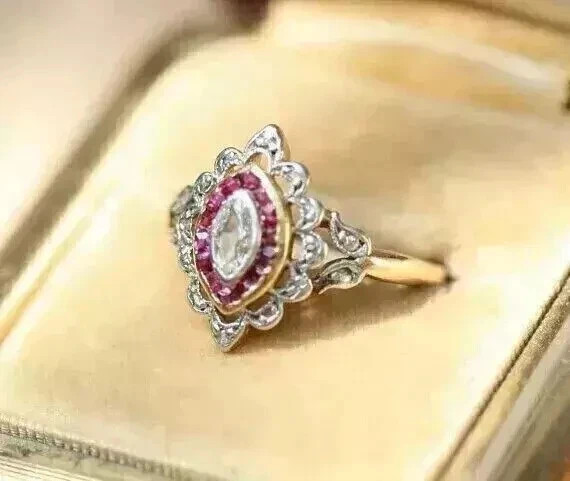 Art Deco Style Marquise Cut Lab Created Diamond 14K Yellow Gold FN Birthday Ring