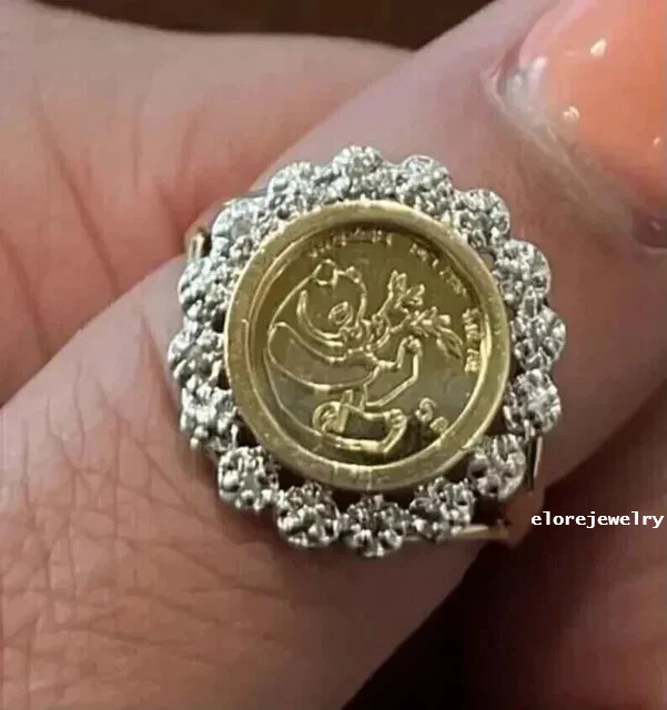 Womens Panda Bear Coin Ring 14K Yellow Gold Plated 2Ct Round MOISSANITE