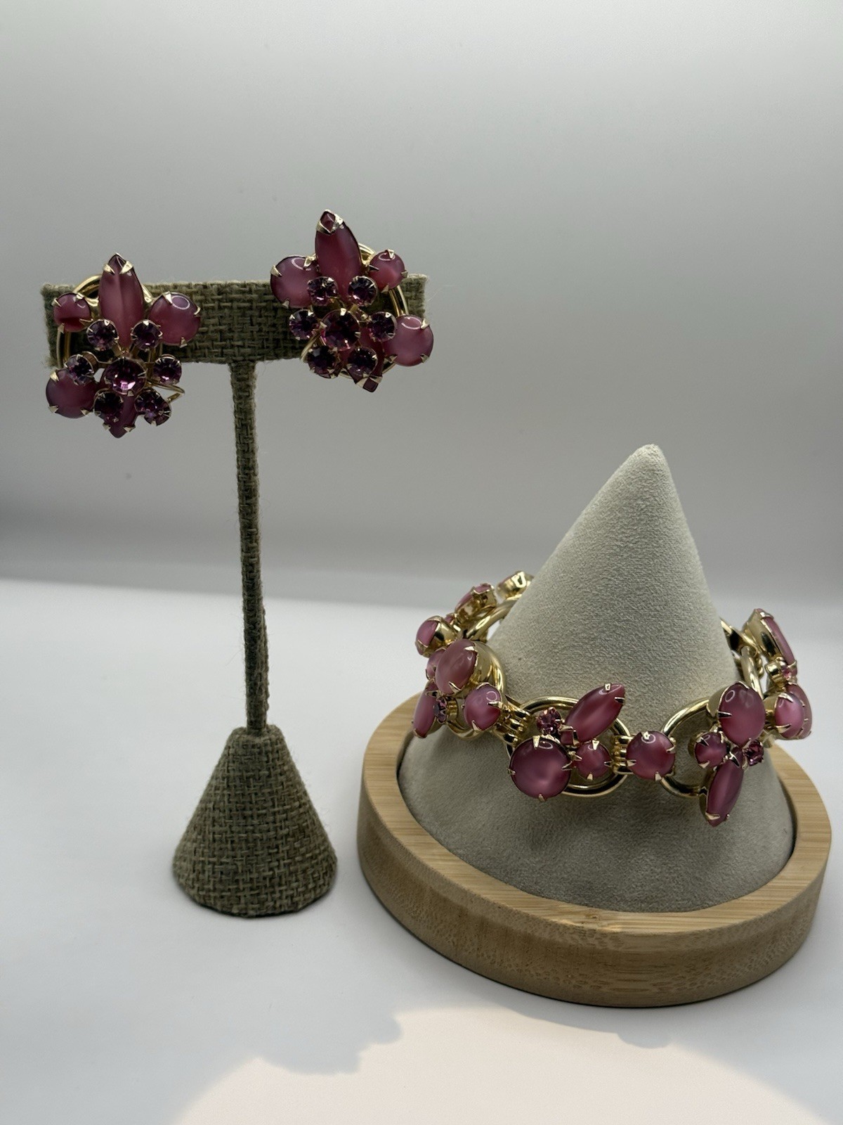 Vntg. Juliana D & E Pink Moonglow Rhinestone Bracelet & Earring Set 5-Link 6.5”
