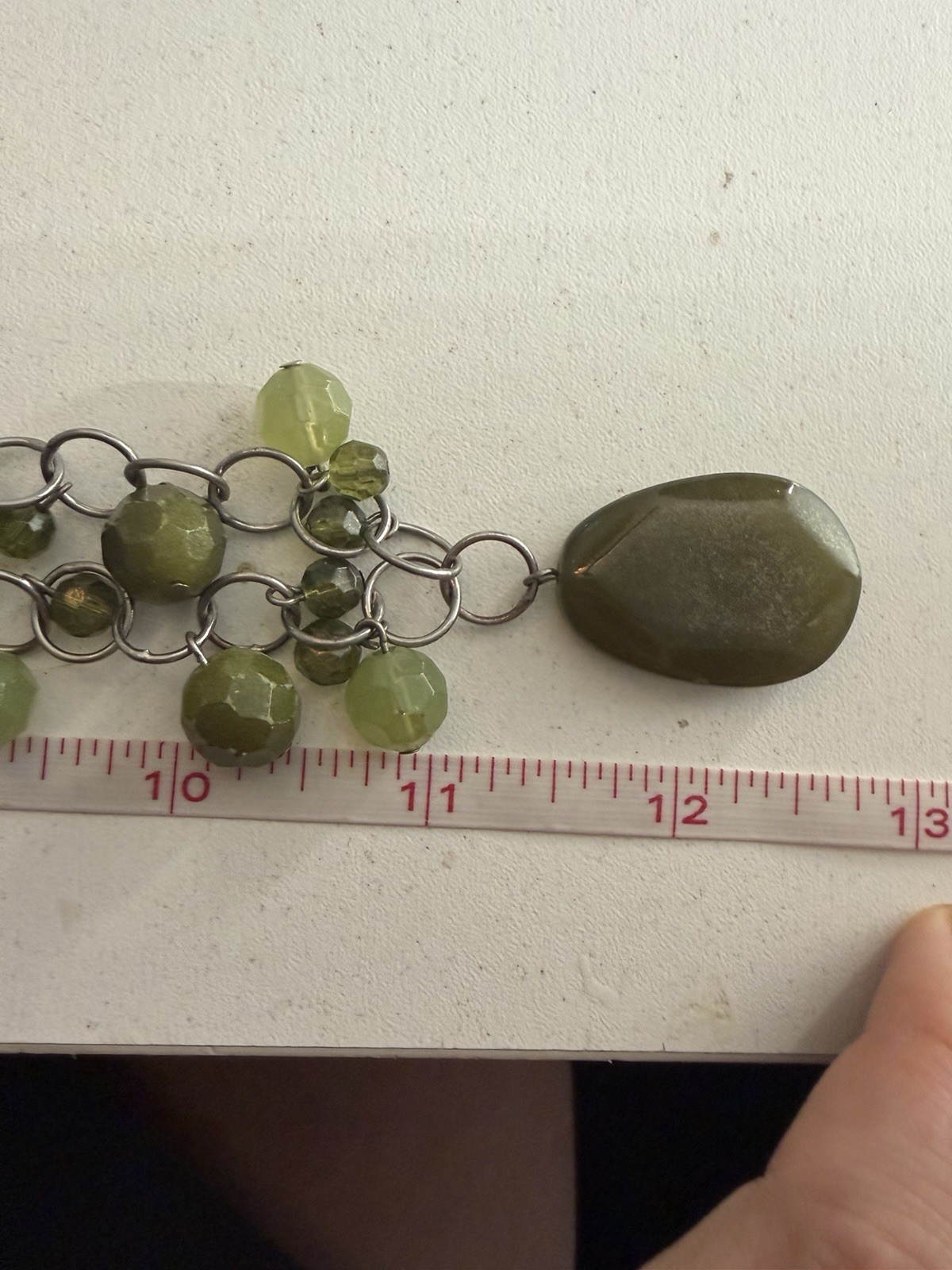 Vintage Avon Green Stone & Beaded Statement Necklace Silver Tone Chunky Chain