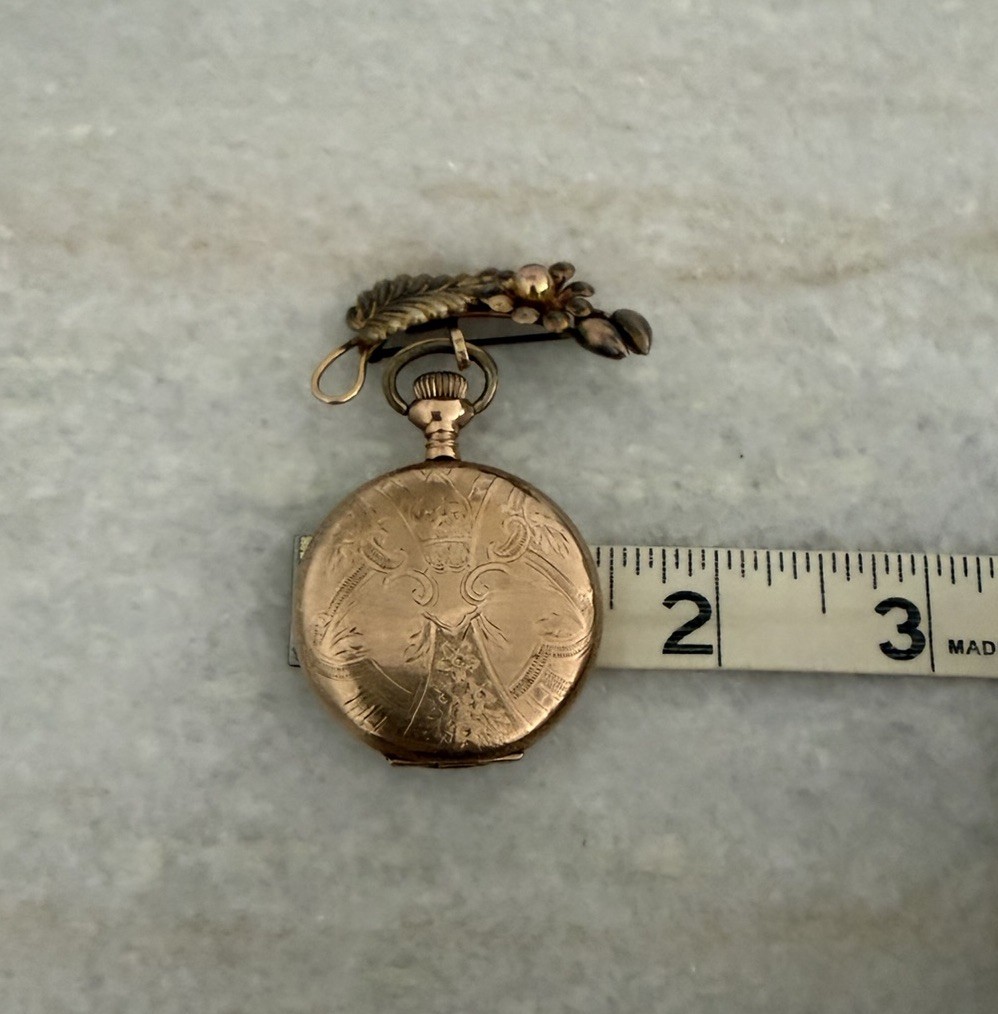 Vintage Gold Filled Elgin Scrolled Flower Works Pocket Watch On Pin Brooch