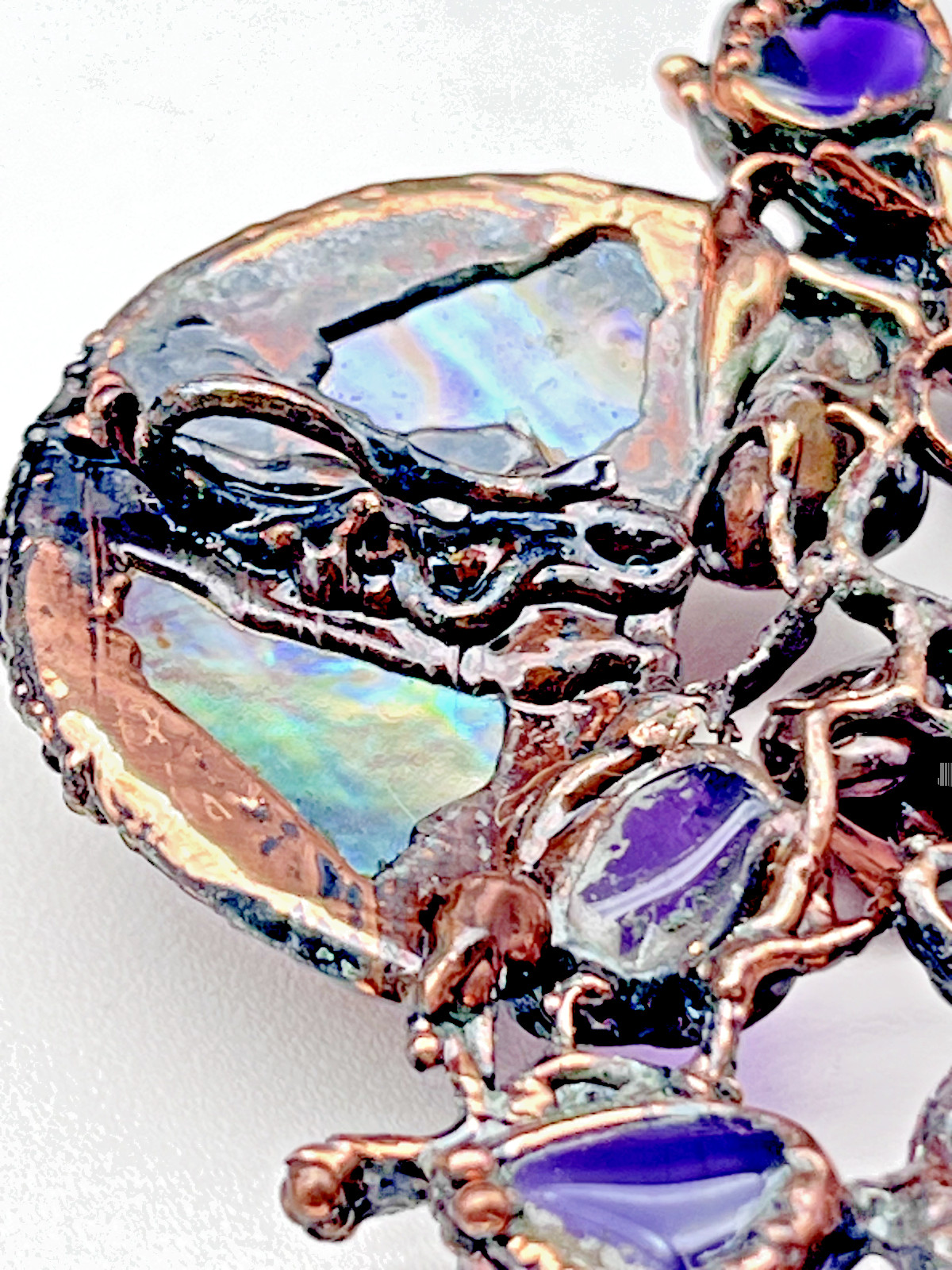 Artisan LG Purple Amethyst Stone Abalone Shell Copper Bezel Set Pendant Handmade