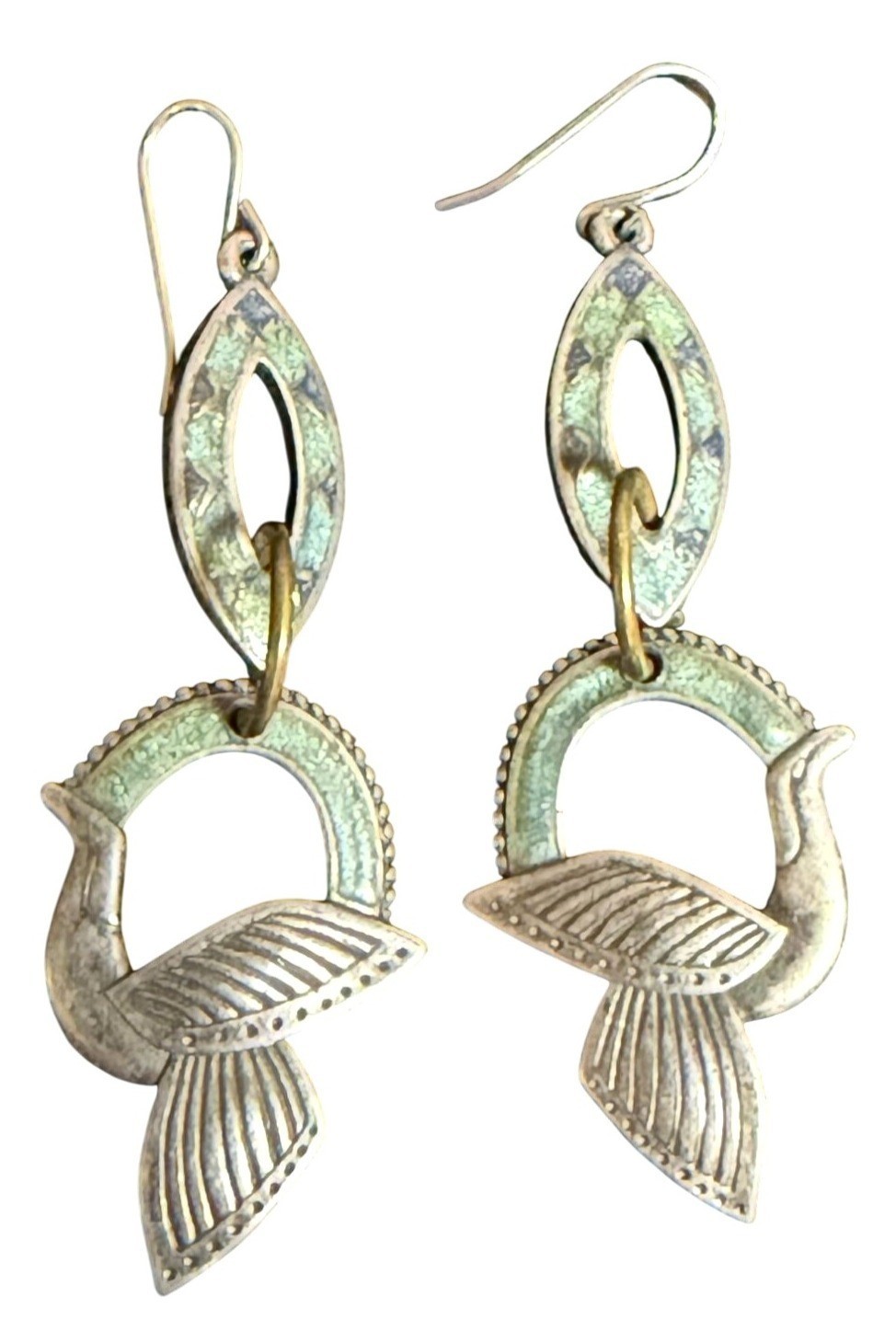 Vintage Berebi Brass & Enamel Bird Dangle Earrings With Fishhook Closure